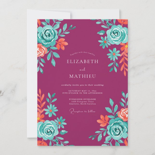 Invitation Mariage peint en aquarelle magenta céleste (Devant)