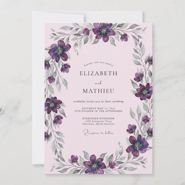 Invitation Mariage peint en argent et prune (Devant)