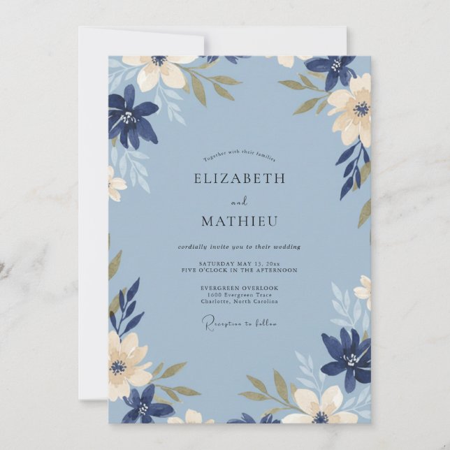 Invitation Mariage peint en bleu acier marine (Devant)