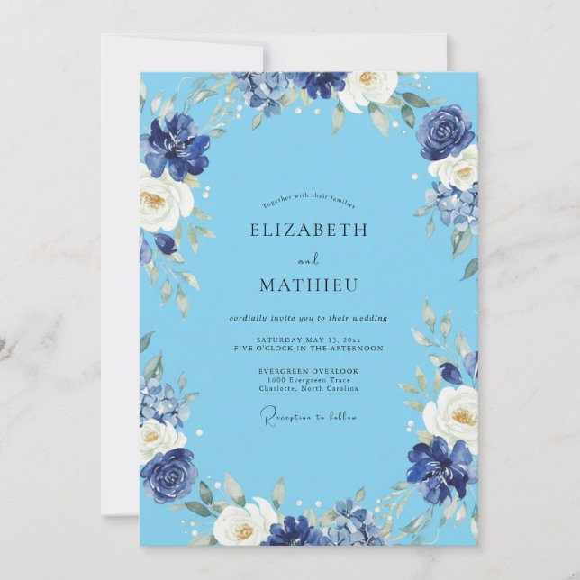 Invitation Mariage peint en bleu azur indigo (Devant)