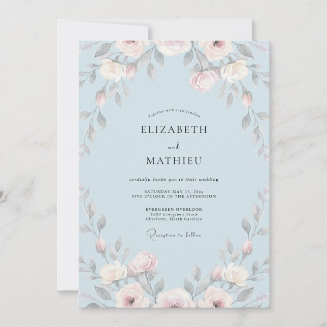 Invitation Mariage Peint en Bleu Brume (Devant)