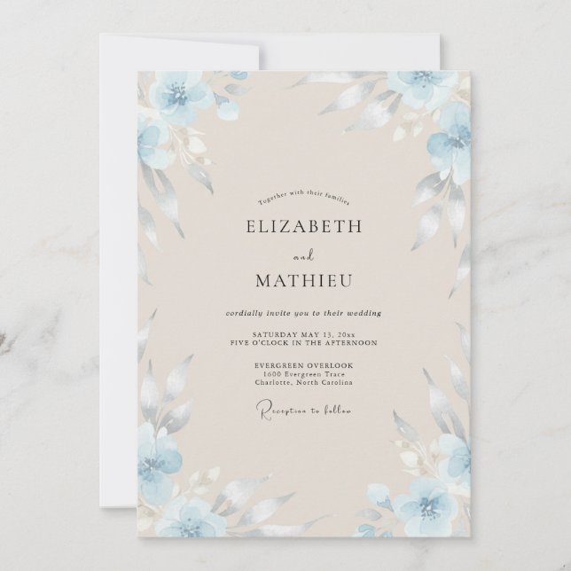 Invitation Mariage peint en bleu poudre de champagne (Devant)