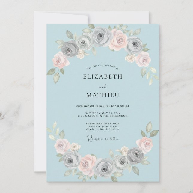 Invitation Mariage Peint en Bleu Poudré Sourd (Devant)