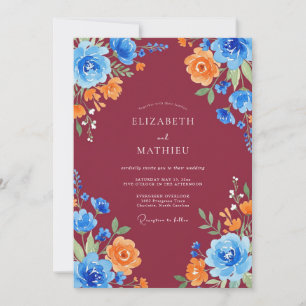Invitation Mariage peint en bordeaux azur orange