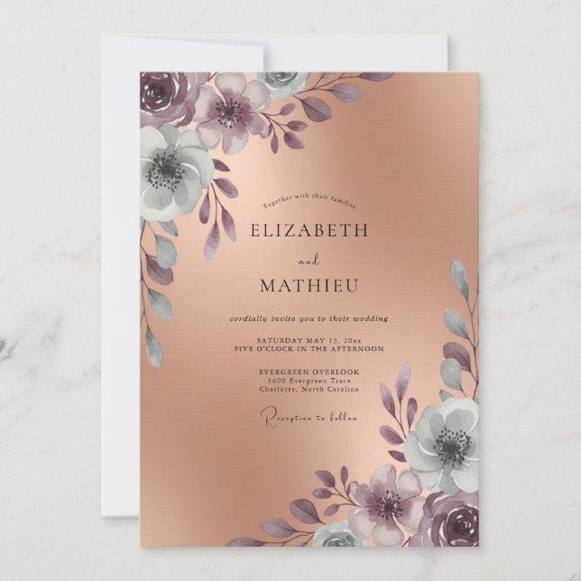 Invitation Mariage peint en bronze mauve (Devant)