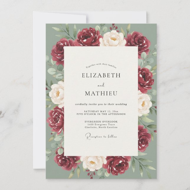 Invitation Mariage peint en céladon bordeaux (Devant)