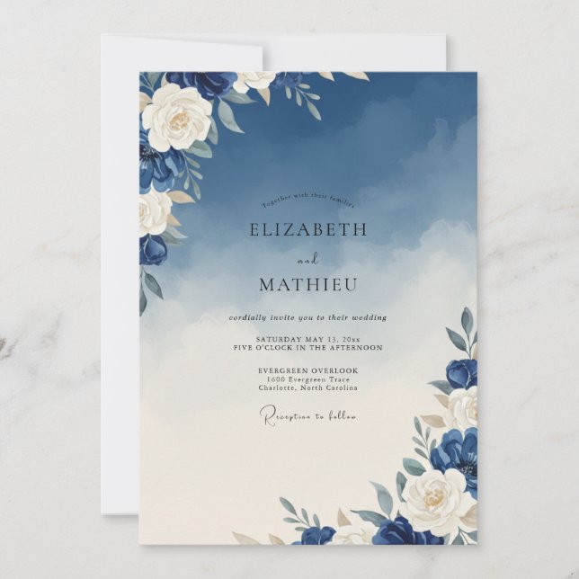 Invitation Mariage Peint en Ivoire de Cobalt (Devant)