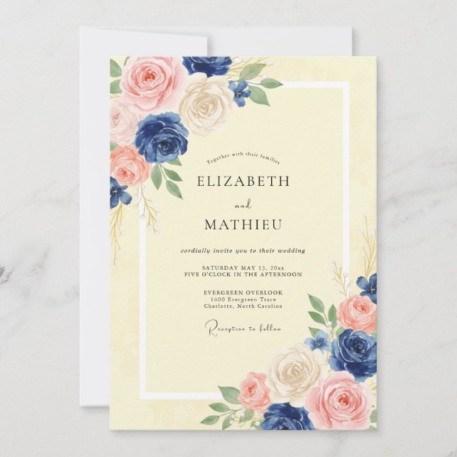 Invitation Mariage Peint en Jaune et Marine (Devant)