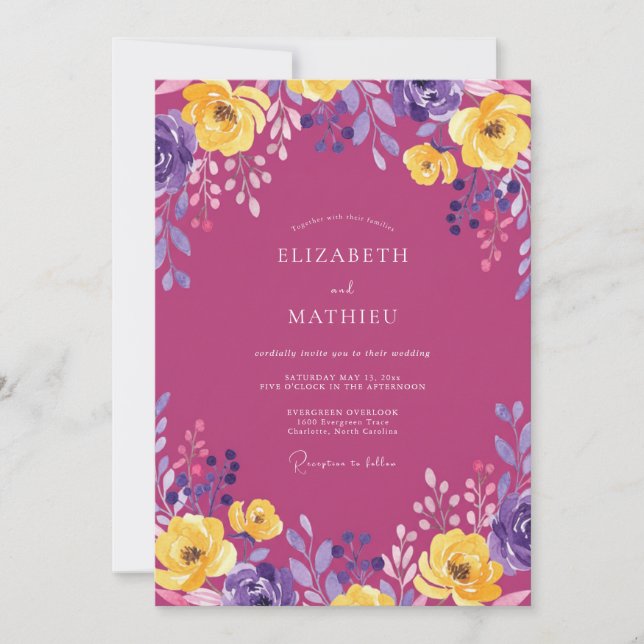 Invitation Mariage peint en jaune magenta doré (Devant)