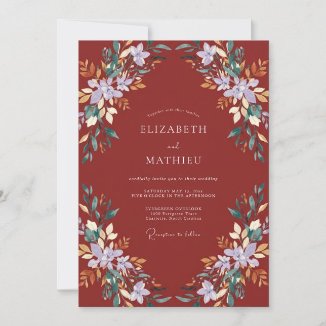Invitation Mariage peint en lilas rouge brique (Devant)