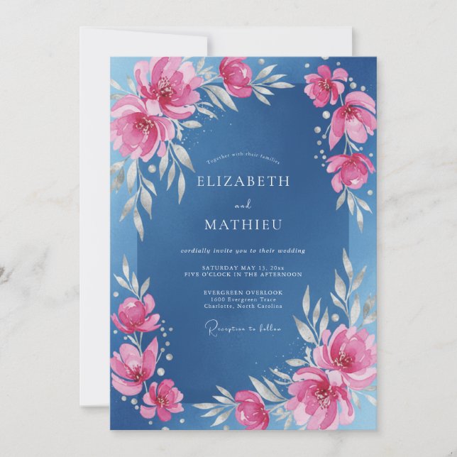 Invitation Mariage peint en magenta azur (Devant)