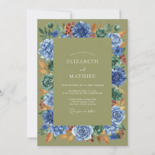 Invitation Mariage peint en olive cobalt