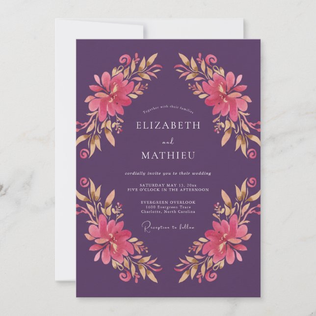 Invitation Mariage peint en or chaud prune (Devant)