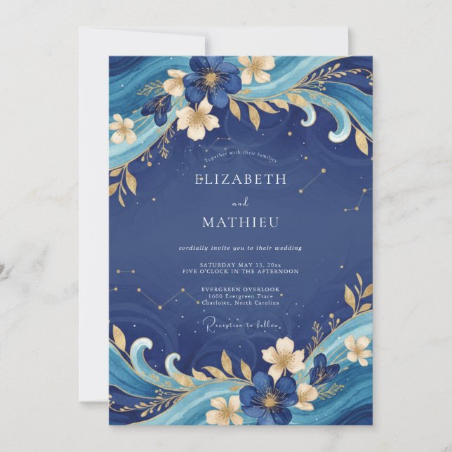Invitation Mariage peint en or saphir (Devant)