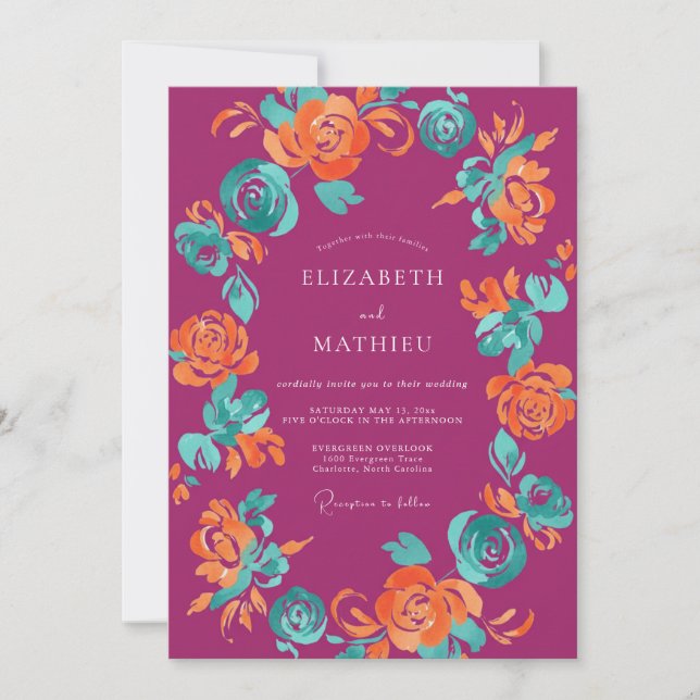 Invitation Mariage peint en orange magenta (Devant)