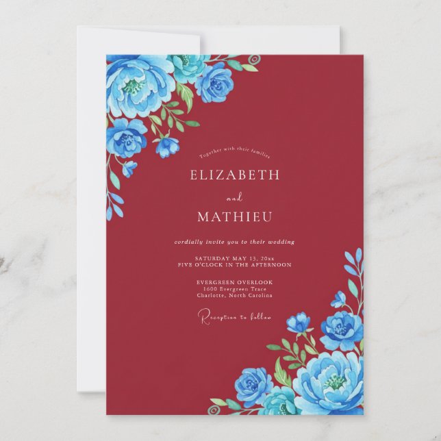 Invitation Mariage peint en riche Bourgogne Azur (Devant)