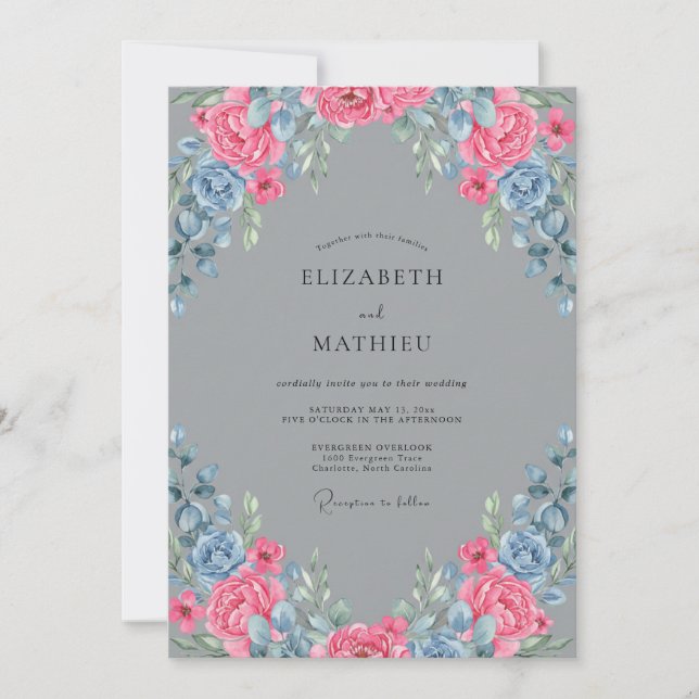 Invitation Mariage Peint en Rose Bleu (Devant)