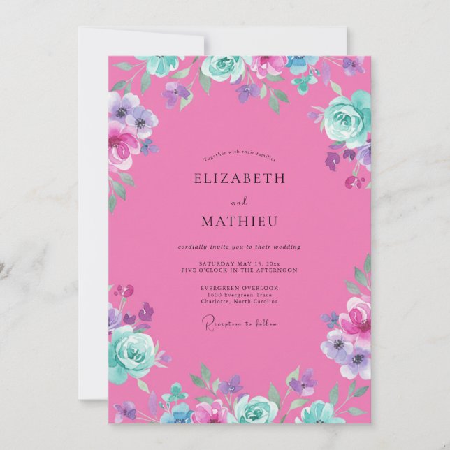 Invitation Mariage Peint en Rose Chaud (Devant)
