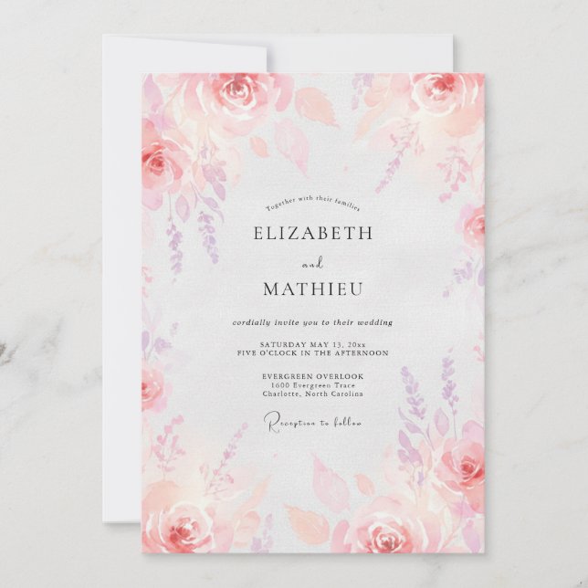 Invitation Mariage peint en rose mauve (Devant)