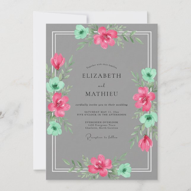 Invitation Mariage Peint en Rose Menthe (Devant)