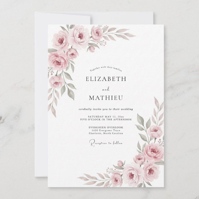 Invitation Mariage Peint en Rose Pâle (Devant)