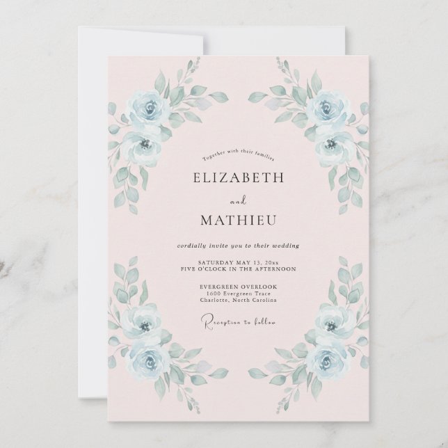Invitation Mariage Peint en Rose Pâle Céleste (Devant)