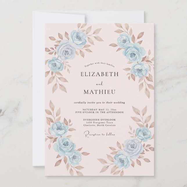 Invitation Mariage peint en rose pâle et azur (Devant)