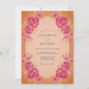 Invitation Mariage peint en rose pêche magenta