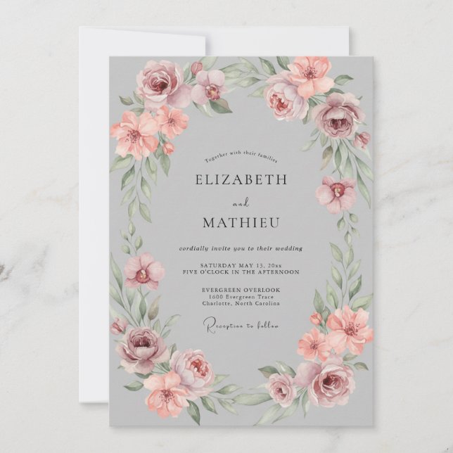 Invitation Mariage peint en rose poudré argenté (Devant)