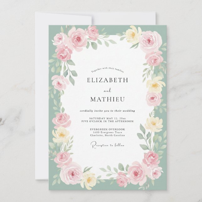 Invitation Mariage Peint en Rose Sauge (Devant)
