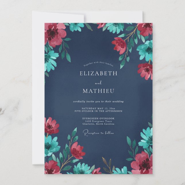 Invitation Mariage peint en sarcelle cramoisie (Devant)