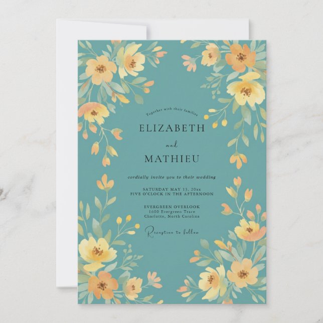 Invitation Mariage peint en sarcelle et or (Devant)