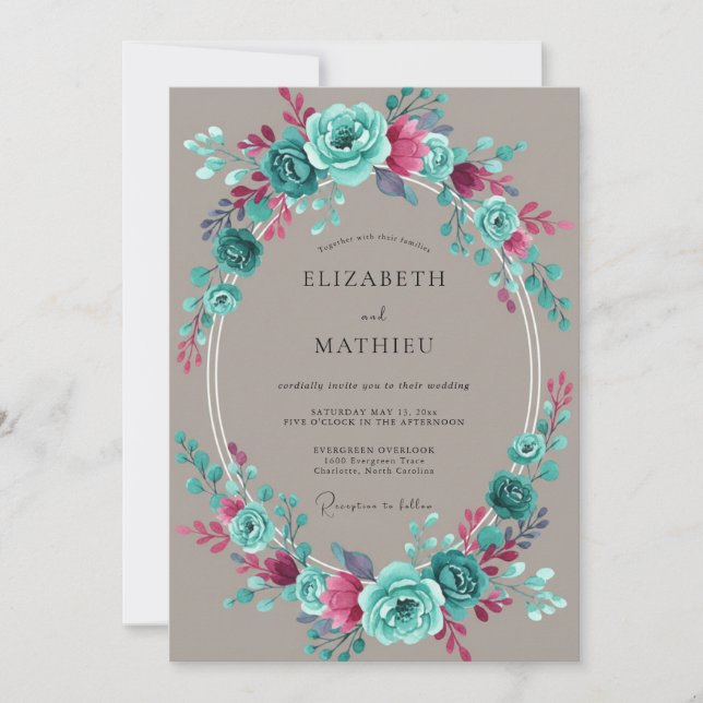 Invitation Mariage Peint en Sarcelle Magenta (Devant)