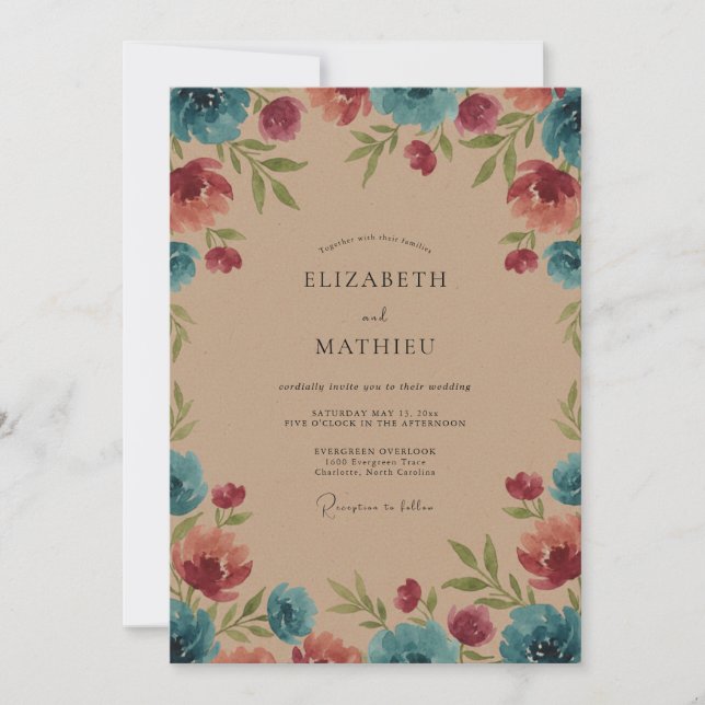 Invitation Mariage peint en sarcelle magenta céleste (Devant)