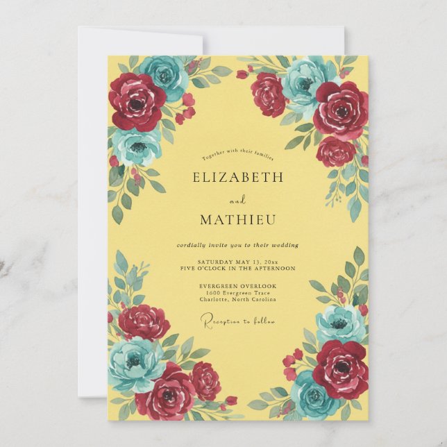 Invitation Mariage Peint en Teal et Bourgogne (Devant)