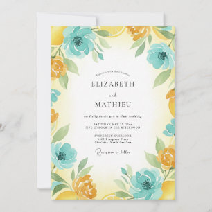 Invitation Mariage Peint en Turquoise et Moutarde