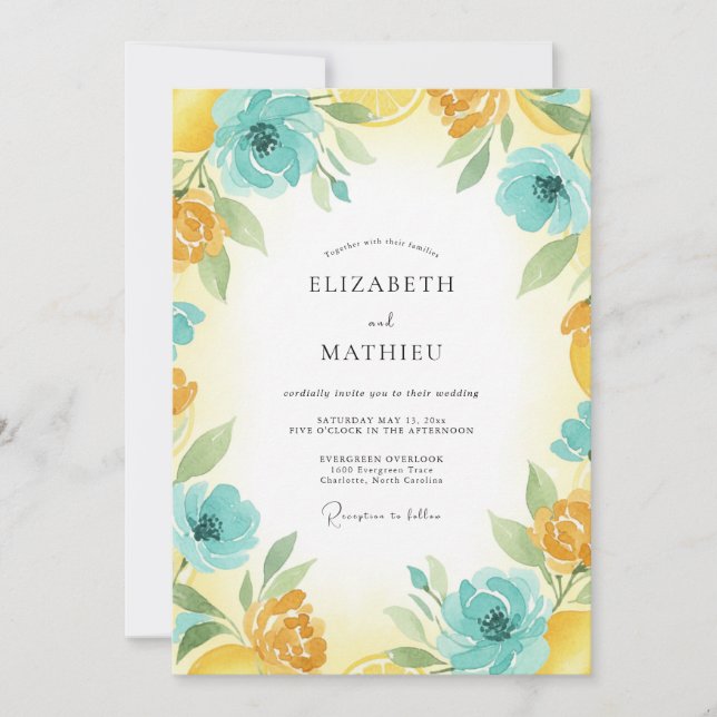 Invitation Mariage Peint en Turquoise et Moutarde (Devant)