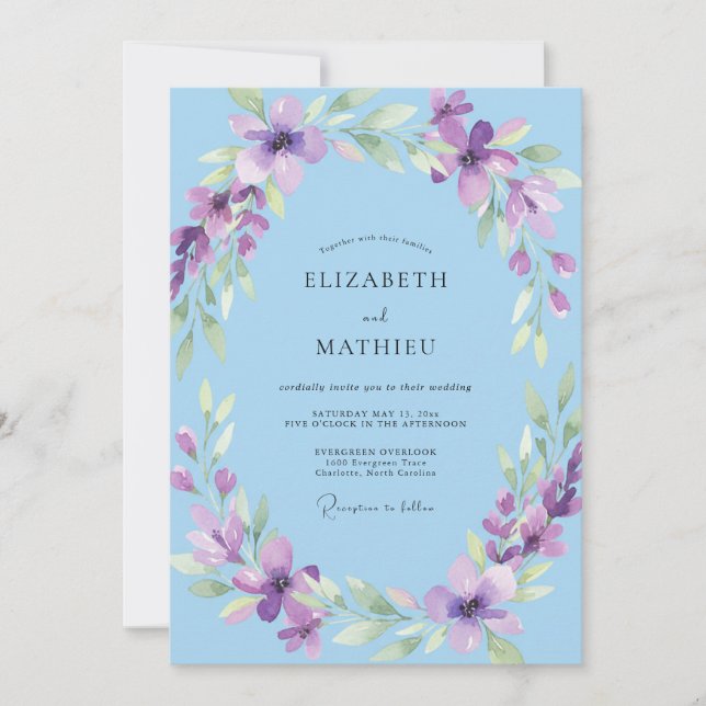 Invitation Mariage Peint en Violet Ciel (Devant)