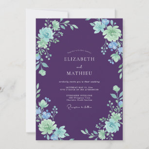 Invitation Mariage peint en violet profond et menthe
