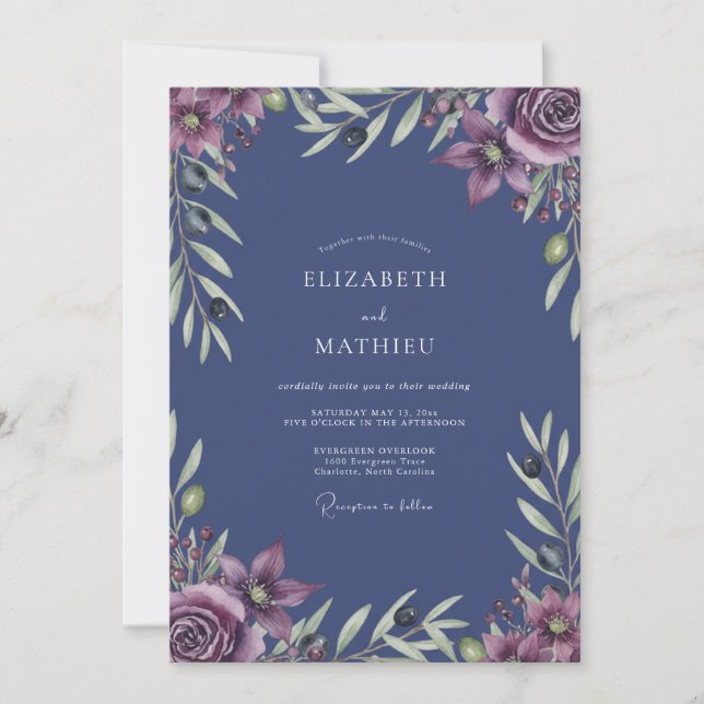 Invitation Mariage peint indigo mauve (Devant)