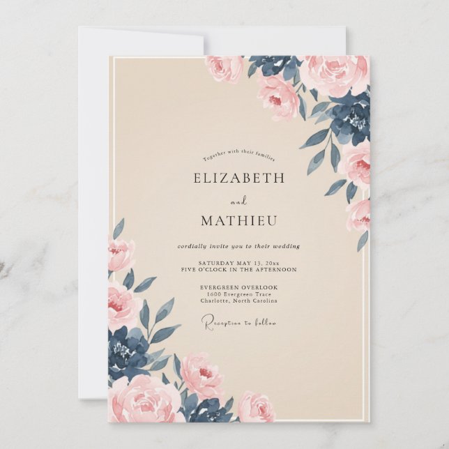 Invitation Mariage peint indigo pêche (Devant)