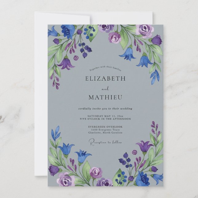 Invitation Mariage peint indigo violet jardin (Devant)