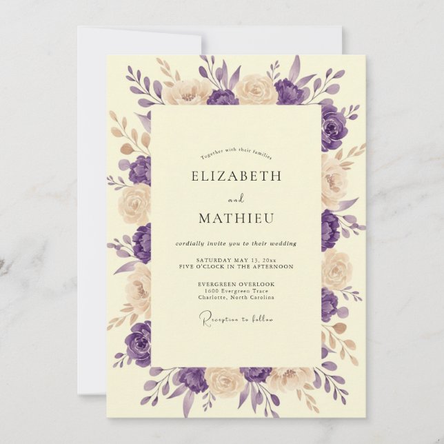 Invitation Mariage peint Ivoire et Prune (Devant)