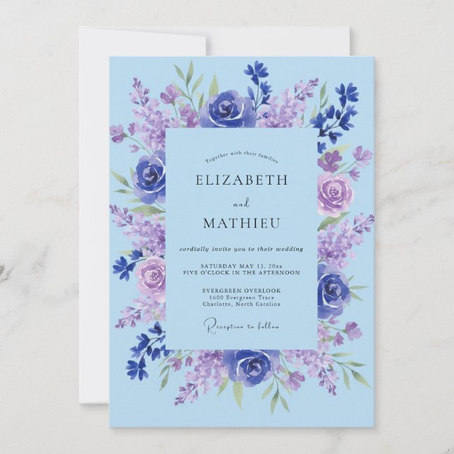 Invitation Mariage peint lavande et pervenche (Devant)