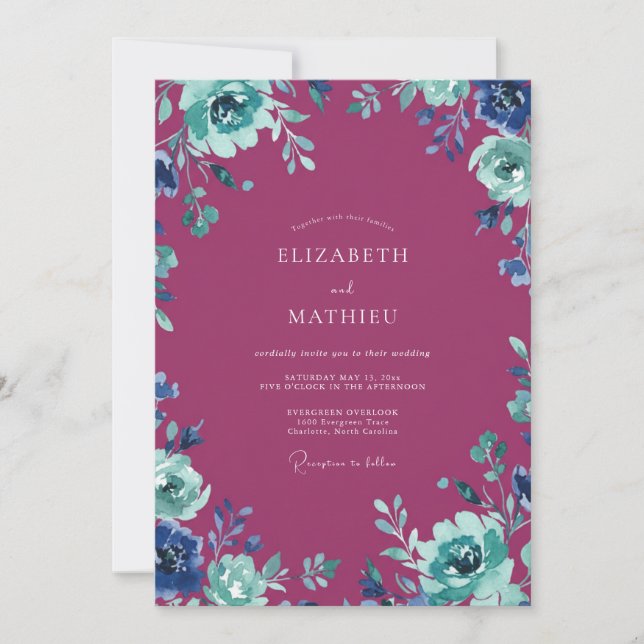 Invitation Mariage Peint Magenta Sarcelle Pressé (Devant)