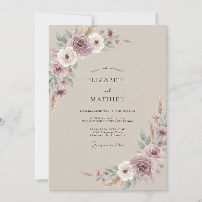 Invitation Mariage peint mauve taupe (Devant)