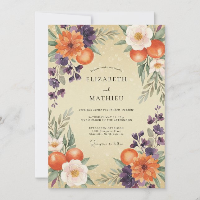 Invitation Mariage Peint Orange Prune (Devant)