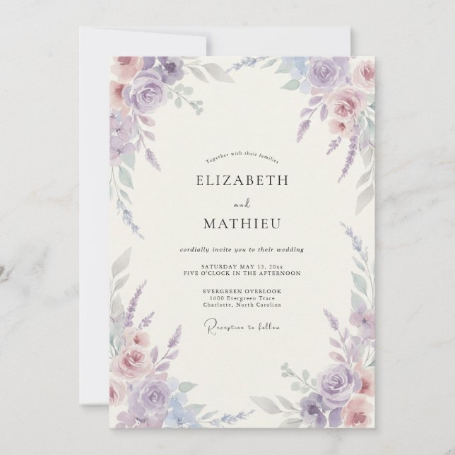 Invitation Mariage peint Pervenche et Douce Lavande (Devant)
