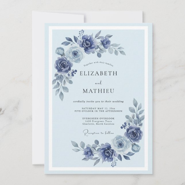Invitation Mariage peint Pivoine Pervenche (Devant)