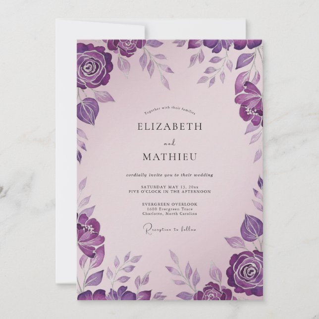 Invitation Mariage Peint Poussiéreux Lilas Prune (Devant)